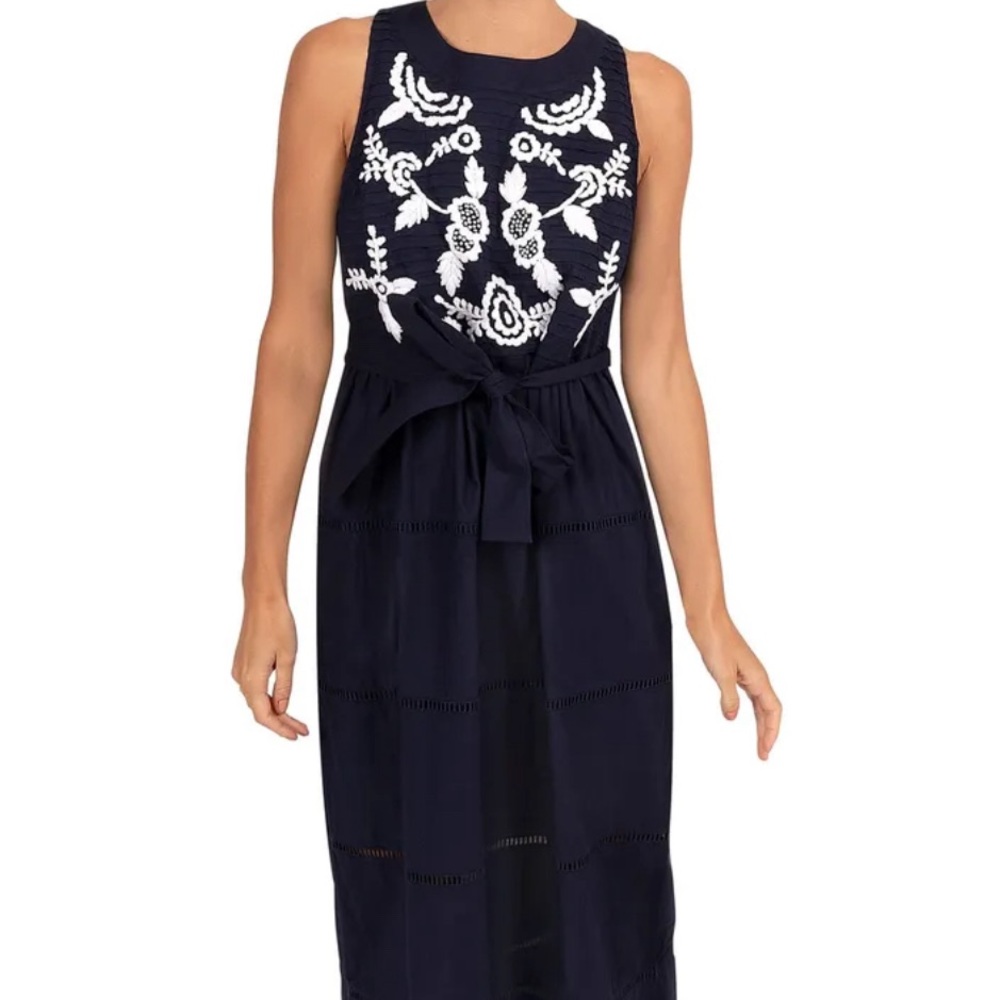 NEW NWT Gretchen Scott Navy Blue White Floral MIDI Sleeveless Dress Size M